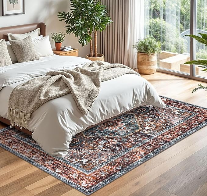 KOZYFLY Boho Area Rug 5x7 Ft Thin Rugs for Living Room Washable Bedroom Rug Non Slip Rugs Printed Faux Wool Vintage Bedroom Rug Floor Carpet for Dining Room Living Room, Brick Red/Orange/Green