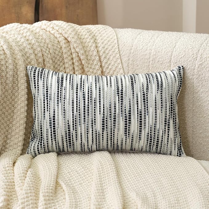 Aeckself Boho Striped Pillow Cover 12x20, Rectangle Decorative Lumbar Throw Pillow Cover Chenille Neutral Pillowcase for Couch Bedroom Living Room, Black Gray