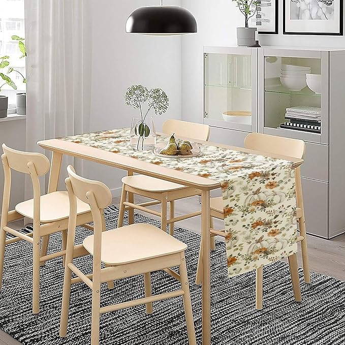 Fall Pumpkin Table Runner Rustic Floral Watercolor Plants White Vegetables Flowers Pastoral Theme Home Decor for Farmhouse Indoor Outdoor Party Holiday Dining Kitchen Restaurant Cafe W13xL108in