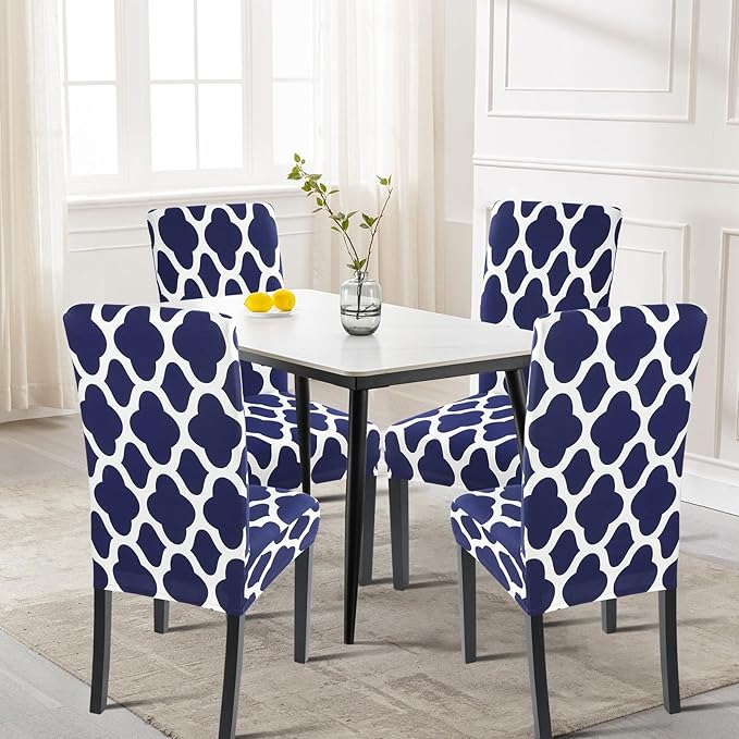SearchI Dining Room Chair Covers Set of 6, Spandex Stretch Kitchen Chair Slipcovers Removable Washable Moroccan Geometric Parsons Chair Covers Protector for Dining Room, Hotel (Navy Blue)