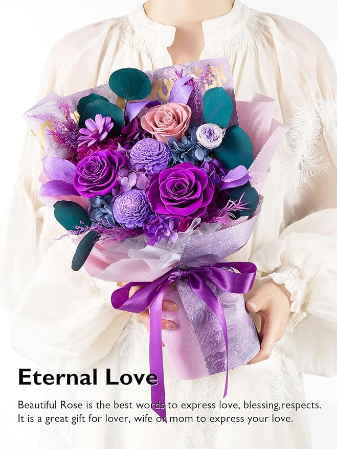 Eterfield Flowers for Delivery Prime, Christmas Forever Flowers Bouquet, Preserved Roses and Purple Flowers Birthday Gifts for Her Women Wife Mom Grandma Graduation Valentine's Day Mother's Day