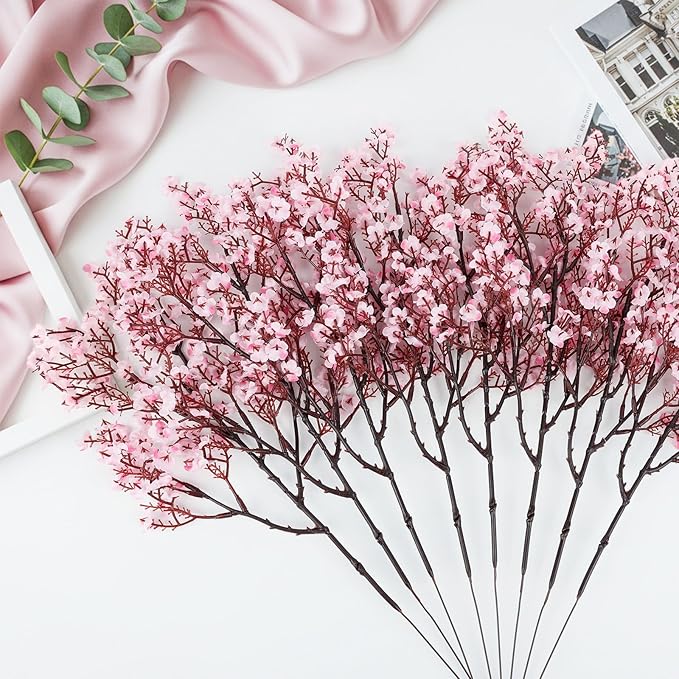 Babys Breath Artificial Flowers, 8 Bundles Cherry Blossom Pink Real Touch Fake Silk Flowers Bulk for Vase Home Office Wedding Spring Indoor Outdoor Centerpiece Table Party Decorations