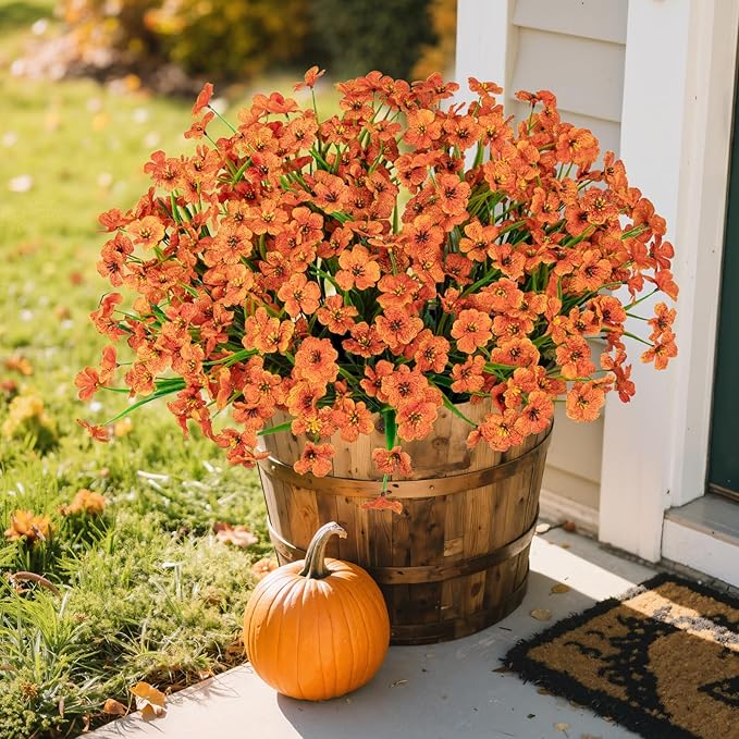 Ouddy Decor 12 Bundles Artificial Fall Flowers for Outdoors Fake Mums Fall Silk Flowers UV Resistant Faux Plastic Plants for Indoor Outdoor Vase Box Garden Porch Window Box Home Autumn Decor, Orange