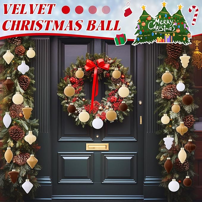 Syhood 40 Pcs Velvet Christmas Ornaments Set 3.15'' Flocked Christmas Tree Ball Ornaments Bulk Shatterproof Plastic Assorted Xmas Tree Decorations Cream Velvet Ball for Holiday Decor(Beige)