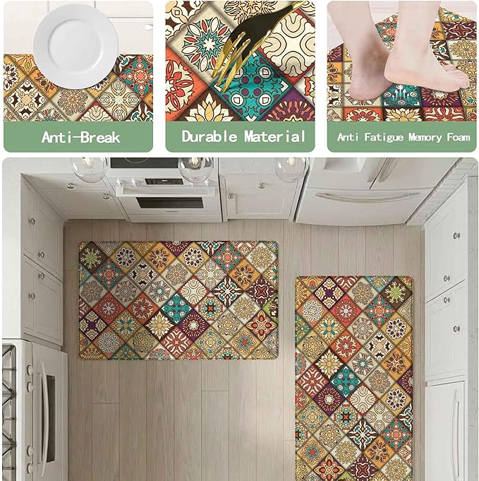 Boho Kitchen Rug Mats for Floor Cushioned Anti Fatigue Mexican Colorful Ceramic Tile Kitchen Rugs Sets of 2 Non Slip Waterproof Comfort Memory Foam Standing Floor Mat for Laundry Sink Desk