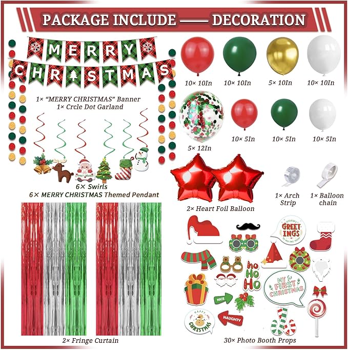 131 Pcs Christmas Decorations Indoor, Christmas Party Supplies - "MERRY CHRISTMAS" Banner, Photo Prop, Balloon Party Kit, Hanging Swirl, Fringe Curtain