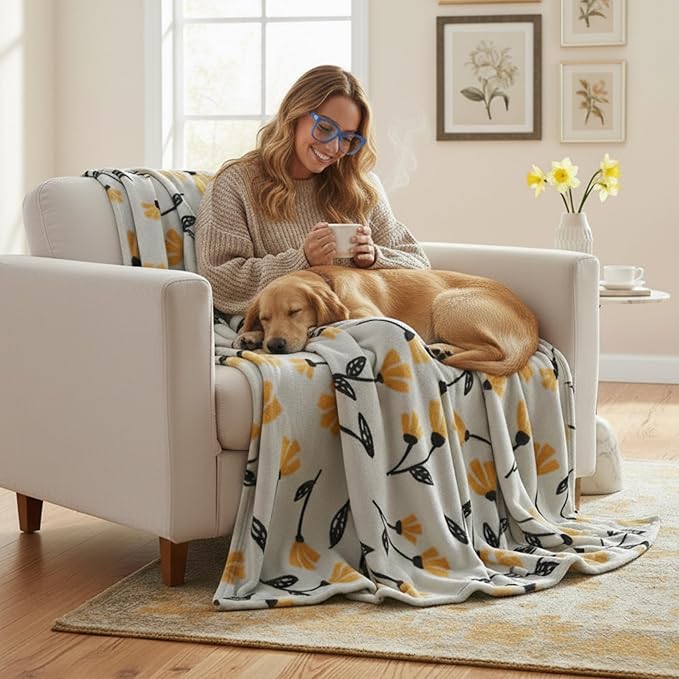 DaDa Bedding Floral Fleece Throw Blanket - Soft Faux Mink Flannel with Yellow Orange Tulips on Grey - Cozy & Elegant Home Decor - 63" x 90"