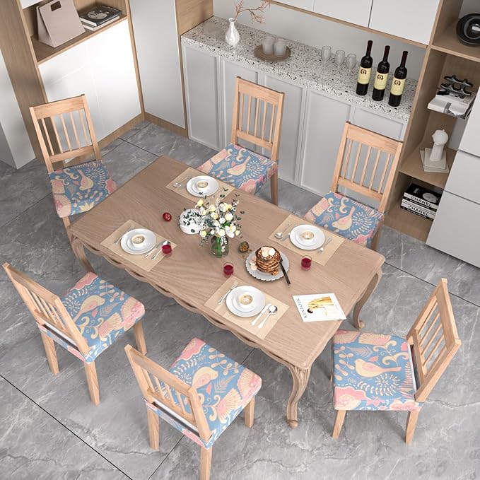 Stretch Dining Chair Seat Covers Set of 6,Dining Chair Slipcovers, Floral Printed Chair Covers,Soft Fabric Washable Upholstered Chair Seat Protector, No Rear Covers for Home Kitchen Dining Room