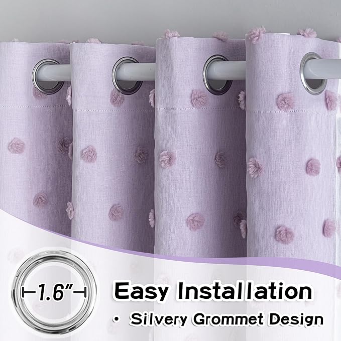 MYSKY HOME Lilac Curtains for Kids Bedroom 72 Inches Long Pom Pom Sheer Nursery Curtains for Girls Room 2 Layered Blackout Drapes for Toddler Grommet Room Darkening Window Panels 52 x 72 in, 2 Panels