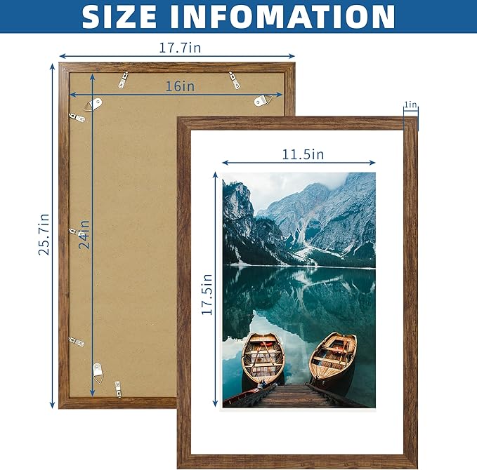 16x24 Frame Set of 2, Rustic Brown Wood Style - Display 16 x 24 Picture without Mat or 12x18 Picture with Mat, Wall Mounting Horizontal and Vertical