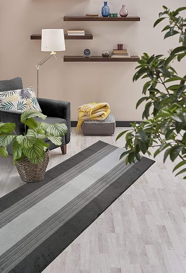 Custom Size Hallway Runner Rug, Slip Resistant, 26 Inch Wide X Your Choice of Length, Lines Anthracite, 26 Inch X 9 feet