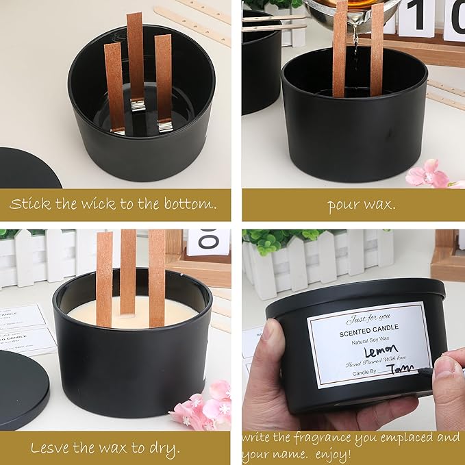 MILIVIXAY 6 Pack 24 oz Candle Jars with Metal Lids and Candle Making Kits - 3 Wick Candle Jars, Bulk Matte Black Thick Glass Containers for Large Candles - Spice, Powder Container.