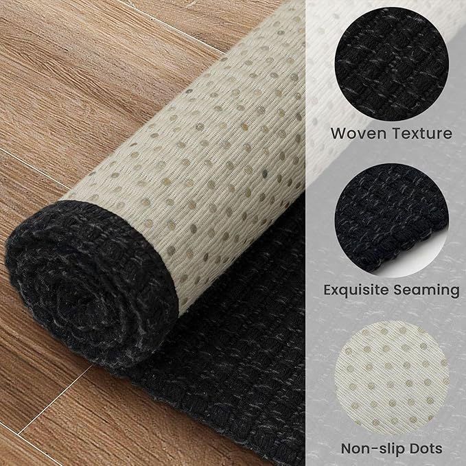 EARTHALL Woven Runner Rug 2x10 Ft Washable Runners for Hallways Long Cotton Non Slip Rubber Backed Kitchen Runner Braided Indoor Floor Carpet for Entryway, Hallway, Kitchen, Black/Grey