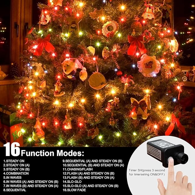 LAMPHOME 66ft Christmas Decorative Mini Lights, 200 LED Green Wire Fairy Starry String Lights Plug in, 16 Lighting Modes for Outdoor Xmas Tree Wedding Party Decoration (Warm and Multicolor)