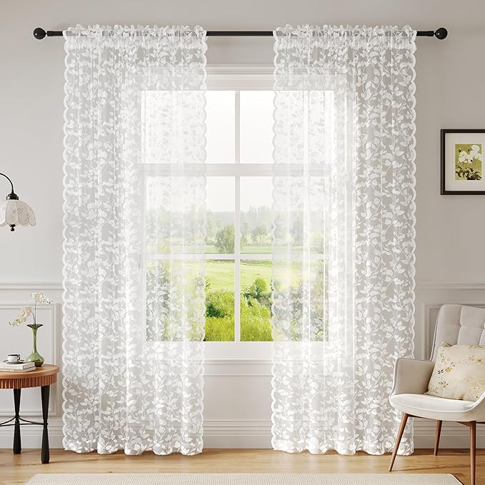 White Lace Sheer Curtains – Vintage Leaf Pattern Lace for Bedroom/Kitchen, Rustic Privacy Light Filtering Rod Pocket Drapes, Delicate Chic Window Treatments, 52W x 54L Inch, 2-Panels