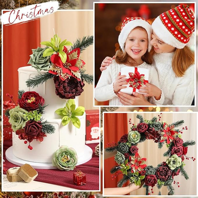 Christmas Artificial Flowers Box Silk Fake Roses with Stems for DIY Christmas Tree Wreath Decor,Floral Arrangement Cake Table Centerpieces Wedding Bouquet Baby Shower Birthday Home Decor