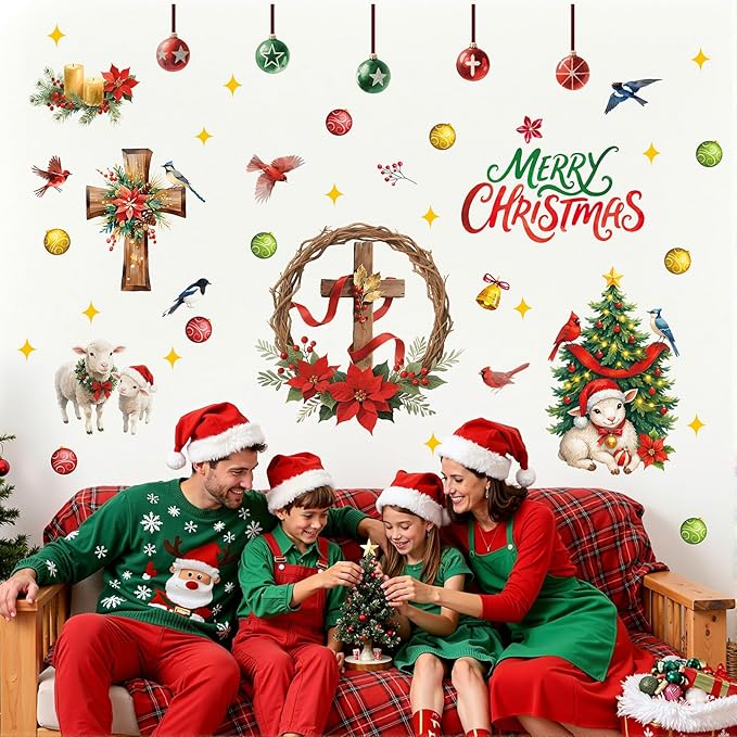 Merry Christmas Window Clings,Christian Christmas Window Stickers Sheep,Christian Jesus Wall Decals,Xmas Religious Cross Wall Stickers for Party Home Living Room Bedroom