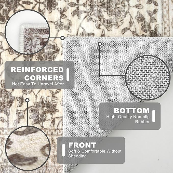 KILOCOCO Hallway Runner 2x5 Kitchen Runner Rug Printed Vintage Floral Washable Non-Slip Rubber Backed Runners for Hallways Laundry Room Distressed Boho Rugs for Entryway Bedroom, Beige/Brown