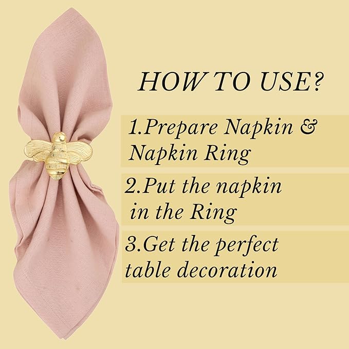 ALPHA Living HOME Bee Napkin Ring Serviette Rings Set of 12 Metal Napkin Ring Dinner Napkin Holders for Cloth Napkins Thanksgiving Wedding Christmas Party Kitchen Table Decoration (Gold)