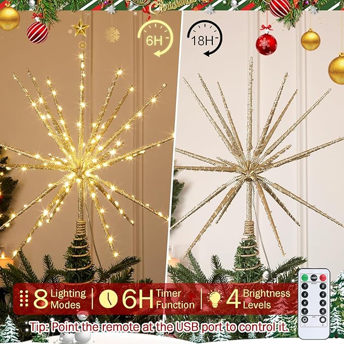 HMASYO 15 Inch Twinkling Starburst Christmas Tree Star Topper, 19-Point Gold Star Tree Topper with 150 LED, Remote Control & Timer, USB Power for Indoor Home Holiday Party Xmas Tree Decoration