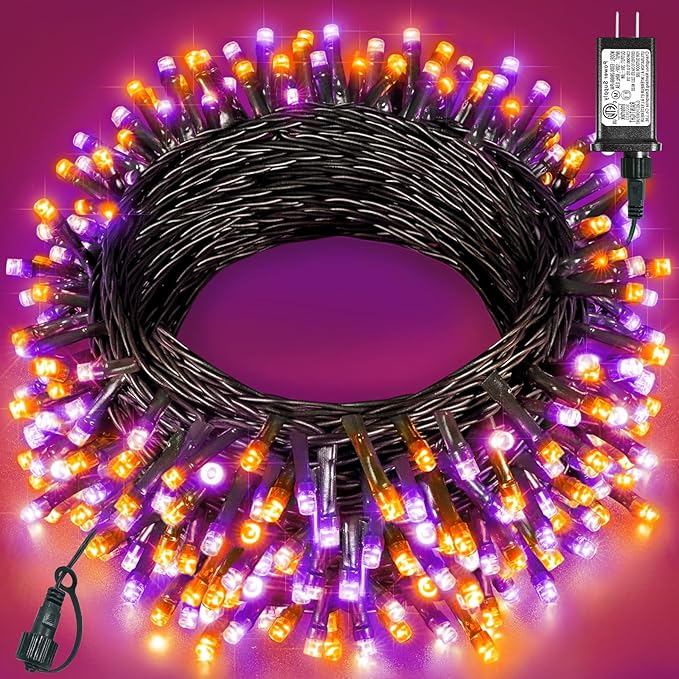 Purple Orange Christmas Lights Outdoor, 80FT 240 LED Christmas Tree Lights Waterproof Plug in, 8 Modes Connectable Christmas Decorations Green Wire for Indoor Home Garden Xmas Holiday