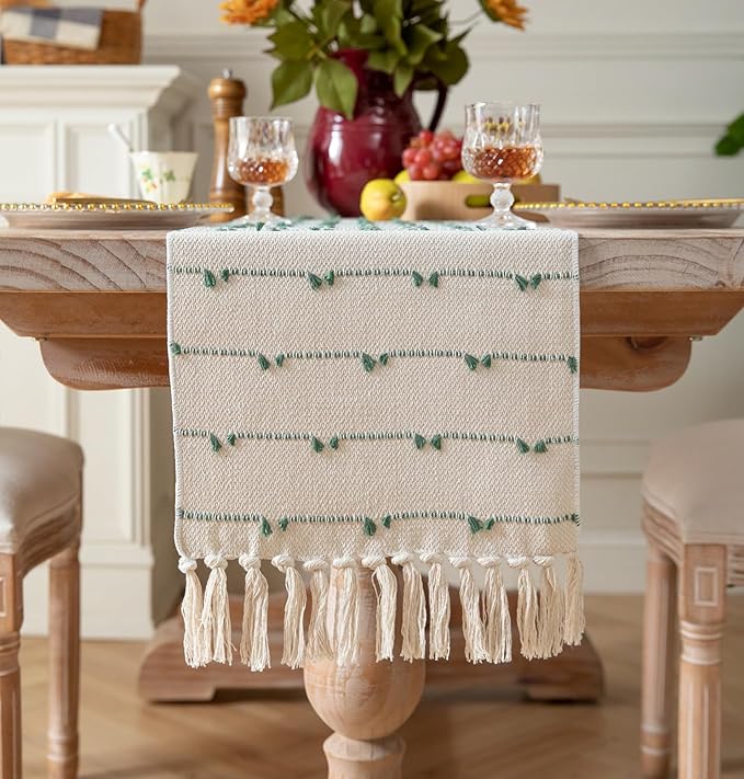 Caflife Boho Table Runner 108 Inchs Long for Modern Farmhouse Room Home Decor, Green and Beige Coffee Table Runner, Natural Cotton Woven with Tassels Neutral, for Kitchen Dining Table Decor