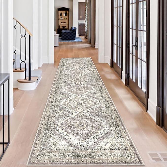KUTA Oriental Kitchen Runner Rug, 2.6x10 Vintage Ivory Grey Yellow Brown Washable Hallway Rugs Non-Slip Ultra Soft Printed Distressed Tribal Floor Carpet for Bedroom Entryway Living Room