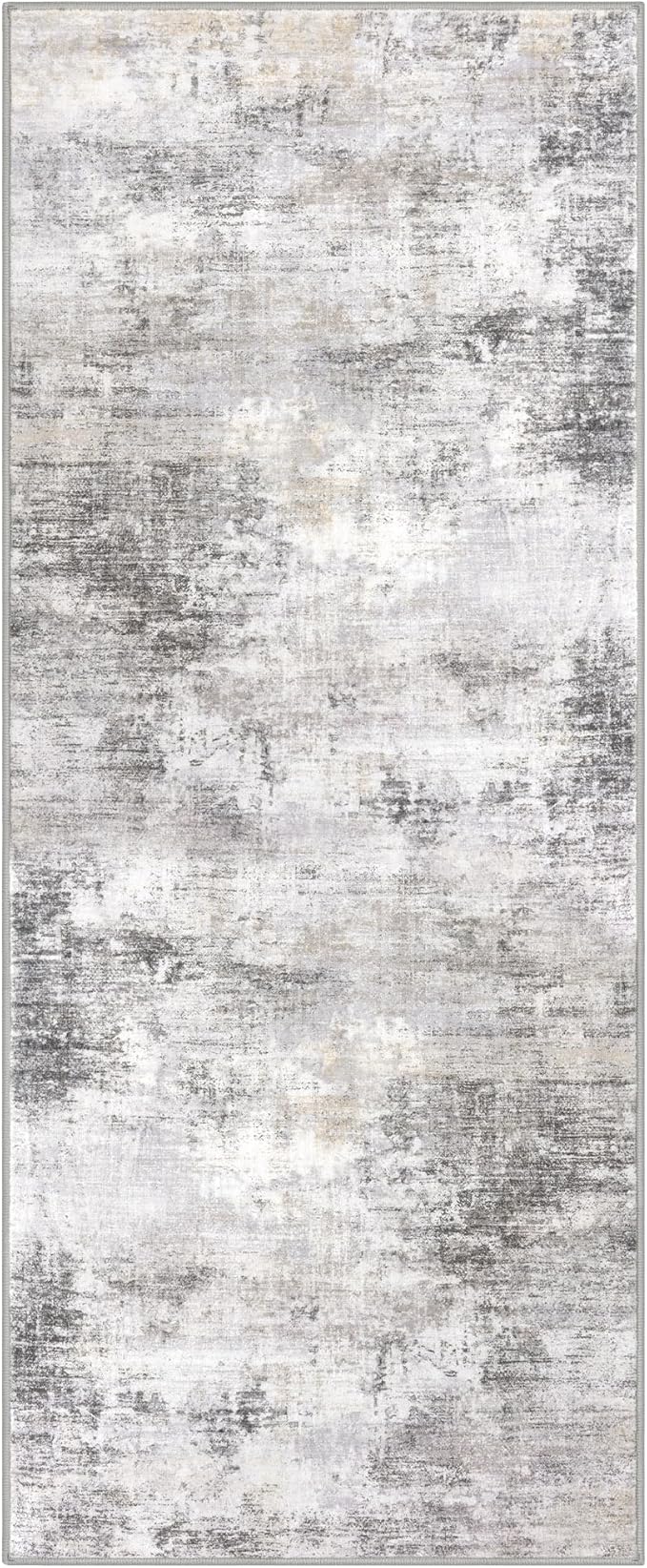 IOHOUZE Abstract Runner Rug 2x5 Ft Washable Runners for Hallways, Non Slip Kitchen Runner Printed Faux Wool Entryway Runner Indoor, Modern Abstract Floor Carpet for Hall Kitchen Bedroom, Grey Beige