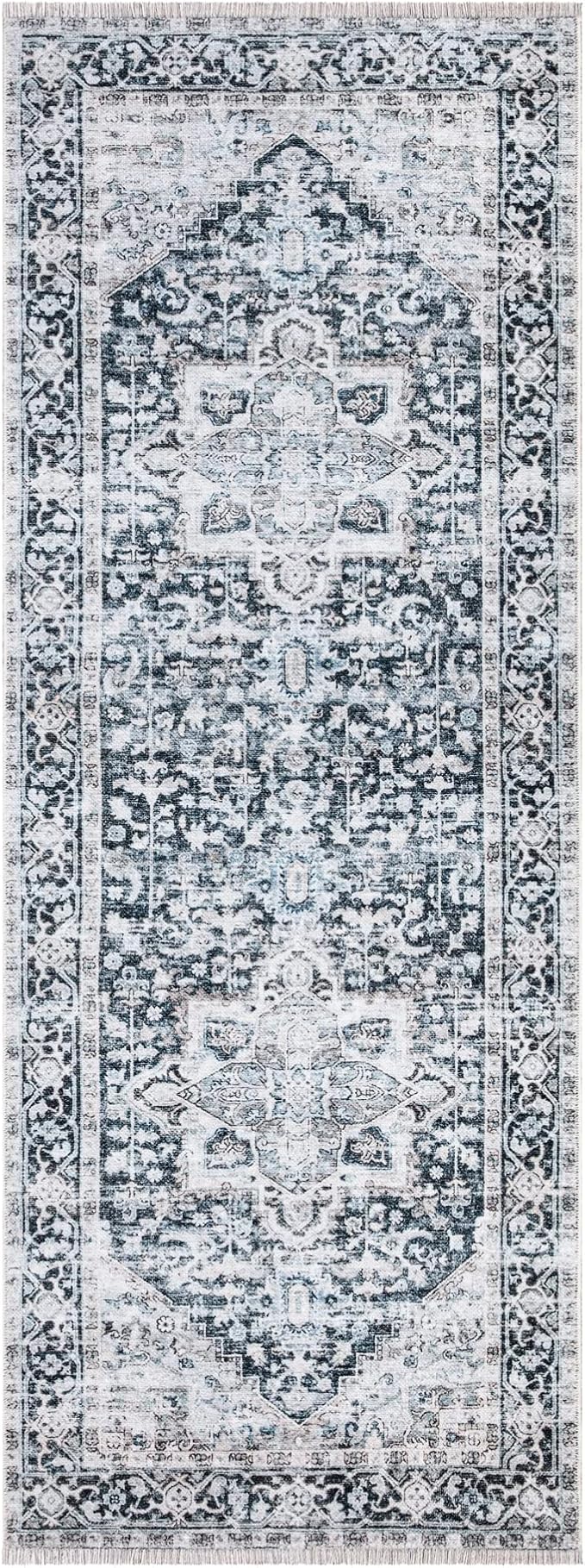 Bloom Rugs Caria Washable Non-Slip 7 ft Runner - Denim Blue Traditional Runner for Entryway, Hallway, Bathroom, and Kitchen - Exact Size: 2'6" x 7'