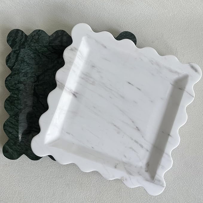 Vintage Natural Marble Tray Small Ornaments Scalloped Tray Handmade Storage Dish for Counter, Vanity, Dresser, Nightstand and Desk (Volakas White)