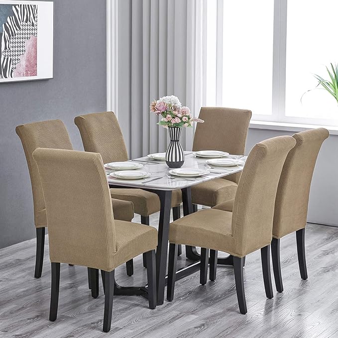 Howhic Stretch Chair Covers for Dining Room Set of 6, Removable Washable Dining Room Chair Covers, Dining Chair Slipcovers Seat Protector, Great Home Decor and Banquet Upholstery (Tan, 6 Pack)