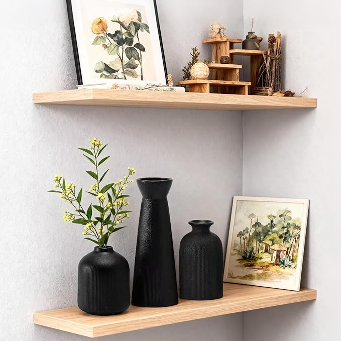 Christmas Black Ceramic Flower Vases Set of 3, Large Xmas Gift Vases with Vertical Stripe Texture, Modern Decorative Vases for Dried Flowers, Home Decor for Living Room Bedroom Kitchen Shelf