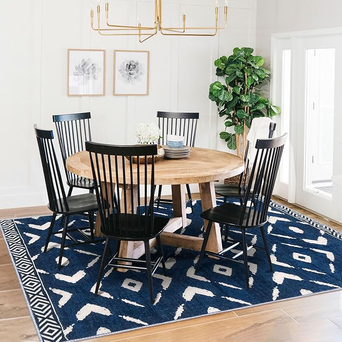 KILOCOCO Living Room Rug 5x7 Area Rug Printed Boho Washable Bedroom Rugs Non Slip Soft Large Moroccan Rubber Backed Indoor Rugs for Dining Room Office Farmhouse Geometric Carpet, Blue