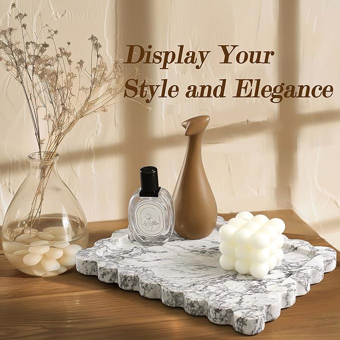 Genuine Scalloped Marble Tray, Real Natural Marble Stone Tray, Luxury Decorative Trays for Bathroom, Dresser, Vanity, Kitchen, Home Decor, 10.6" x 8", Calacatta Gray