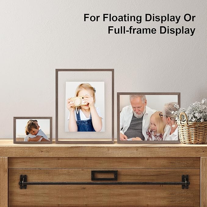Egofine 4x6 Floating Frames Set of 2, Double Plexiglass Picture Frame, Made of Solid Wood Display Any Size Photo up to 4x6, Wall Mount or Tabletop Standing, Brown