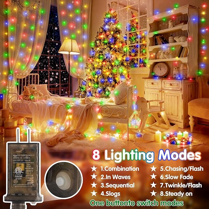 KNONEW 203FT Outdoor Christmas Fairy Lights Plug in,600 LED String Lights Outdoor Waterproof 8 Modes Memory Times for Wedding Bedroom Walls Garden Trees Decoration(Multicolor)