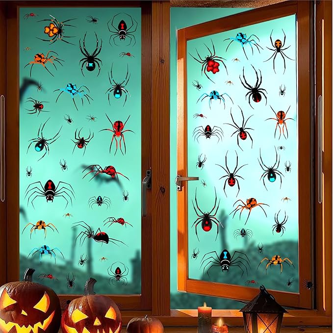 80 PCS Halloween Spider Mirror Decals Halloween Window Decoration Clings Removable Double-Sided Spooky Glass Stickers for Haunted House Indoor Outdoor Scary Static Clings for Holiday Party Decor