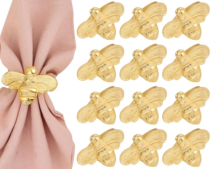 ALPHA Living HOME Bee Napkin Ring Serviette Rings Set of 12 Metal Napkin Ring Dinner Napkin Holders for Cloth Napkins Thanksgiving Wedding Christmas Party Kitchen Table Decoration (Gold)