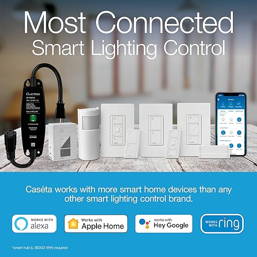 Lutron Caseta Original Smart Switch (Lutron Smart Hub Required), for LED Lights and Fans, 6 Amp, Single-Pole/3-Way, Neutral Required, PD-6ANS-WH-2, White, 2 Pack