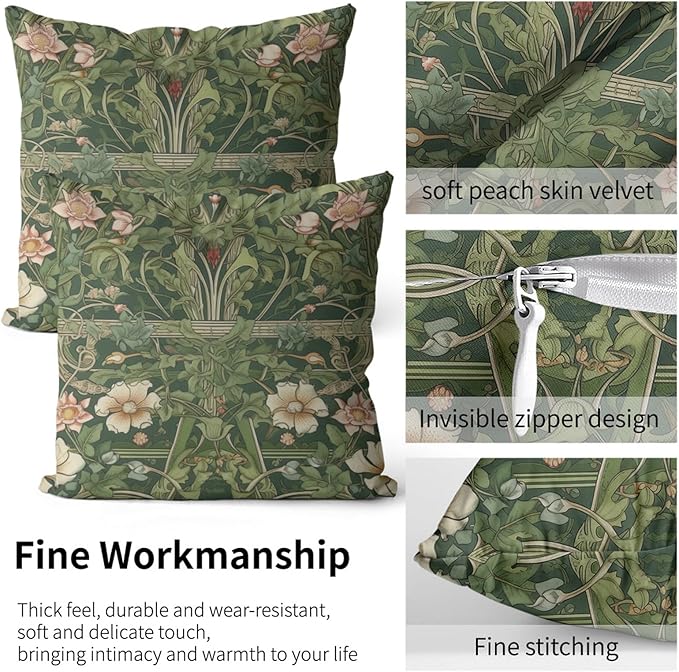 William Morris Pillow Protectors with Zipper Standard Size Vintage Floral Print Pillow Covers Set of 2 Nature Green Botanical Pillowcases Rustic Wildflowers Bed Pillow Covers 30"X20"