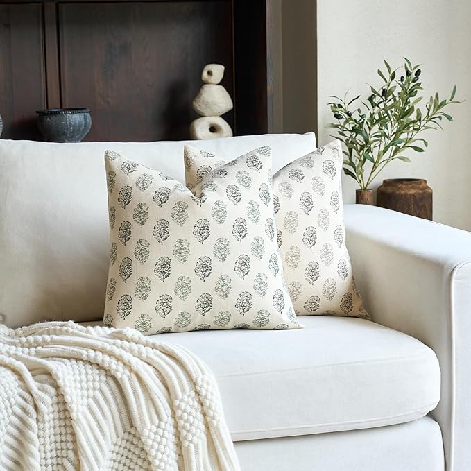 Floral Vintage Throw Pillow Covers 18x18 Pillow Cover Block Print Decorative Cushion Covers Farmhouse Neutral Accent Home Décor for Sofa Couch Living Room Bedroom, 1PC, Olive Green