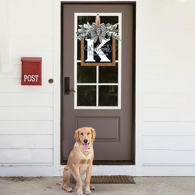 14’’ Last Name All Year Round Front Door Wreath, 26 Letter Welcome Sign Door Wreaths for Front Door Outside, Welcome Garland and Eucalyptus and Bow Suitable for All Seasons for Outdoor Decoration (K)