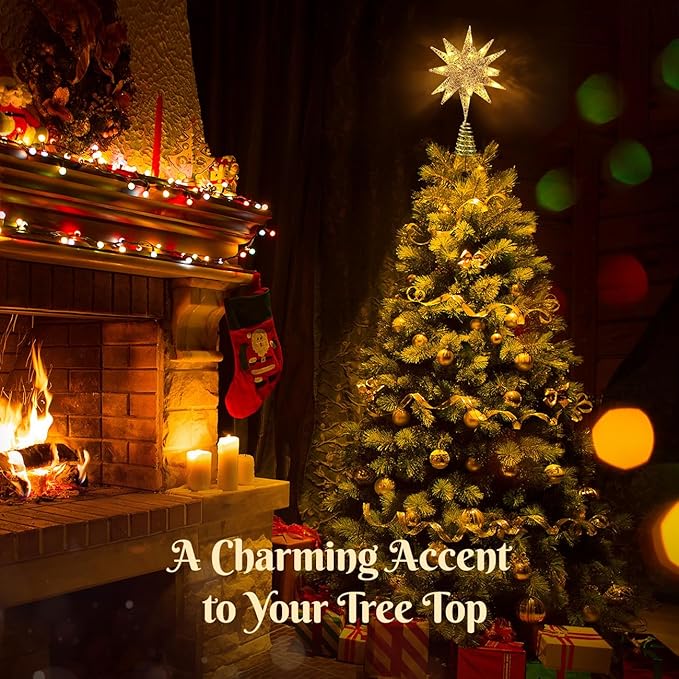Luxspire Christmas Tree Topper, 3D Starburst Lighted Tree Topper, Plug in Christmas Star with Timer, Light Up Xmas Vintage/Modern Decorations for Holiday, Champagne Gold