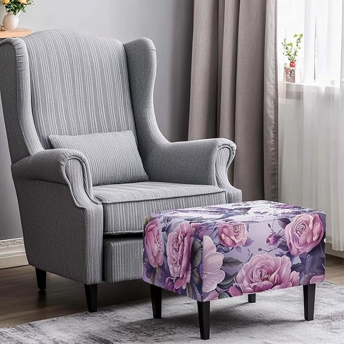 Rose Hummingbird Rectangle Chair Cover Washable Small Ottoman Slipcover 30x24x15 Inch Easy to Install Folding Storage Footstool Protector Ultra Stretch Dust Cover for Foot Stool