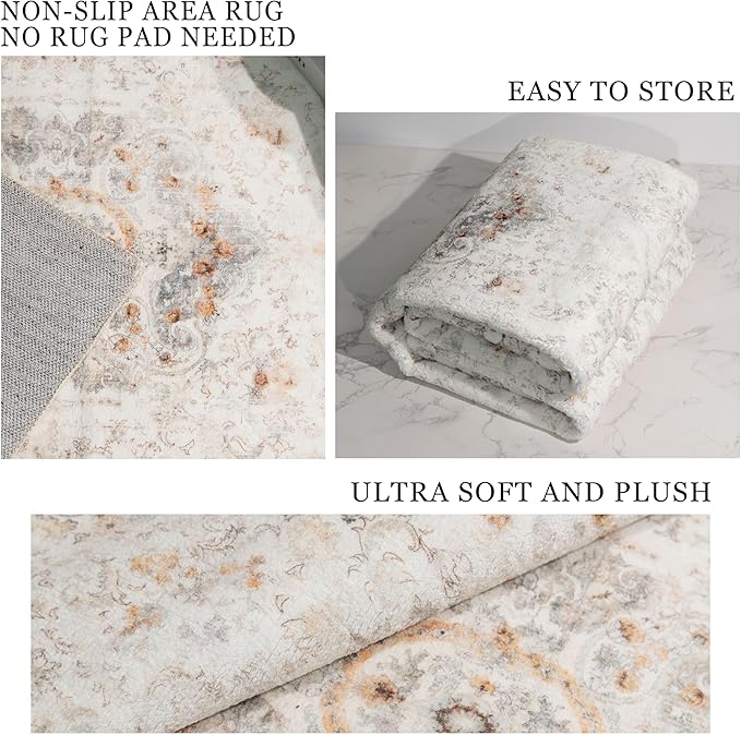6x9 Area Rugs Washable,Boho Rug for Living Room Bedroom Kitchen,Large Vintage Bohemian Distressed Carpet Non Slip,Beige