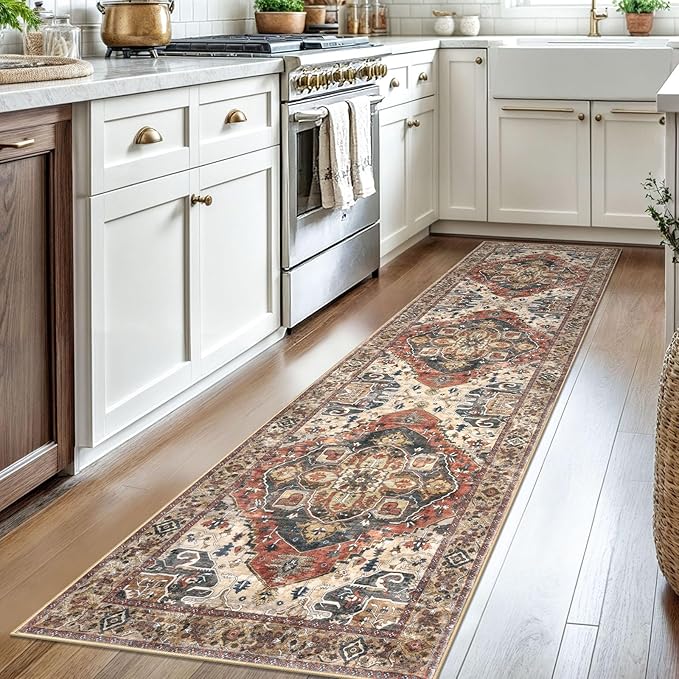 2x8 Washable Runner Rug for Hallways, Terracotta Soft Classic Kitchen Rugs with Non-Slip, Non-Shedding Boho Rug for Hallways Entryway Bedroom Bathroom Laundry Indoor