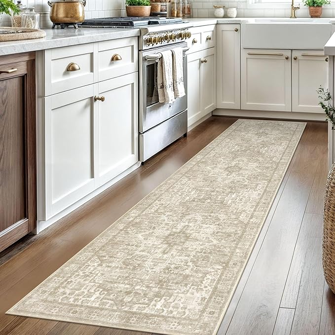 2x8 Washable Printed Runner Rug for Hallways, Light Beige Grey Brown Soft Neutral Vintage Runner with Non-Slip, Non-Shedding Boho Rug for Bedroom Kitchen Porch Laundry Indoor