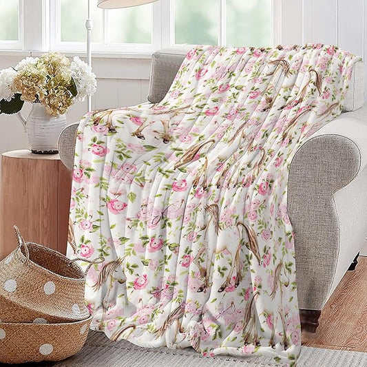 Horse Floral Blanket Pink Cute Horse Baby Throw Blanket Super Soft Plush Lightweight Warm Fleece Flannel Decor Blanket Gifts for Girls Women Boys Men Kids for Sofa Couch Bed 60"X80"
