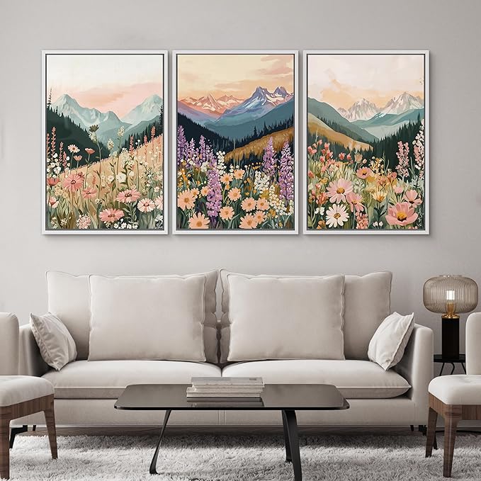 SIGNWIN Framed Canvas Print Wall Art Set Wildflower Meadow with Mountain Sunset Colorful Nature Landscape Illustrations Modern Art Decorative Zen for Living Room, Bedroom, Office - 24"x36"x3 White