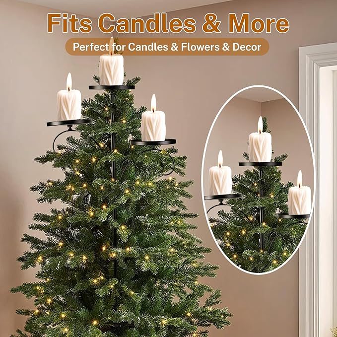 Black Triple Tree Topper Candelabra - Christmas Tree Shelf, 3 Tier Candle Holder Shelf, Unique Candelabra Trees Topper for Christmas, Holiday, Indoor & Outdoor Decor (23.6 inch)